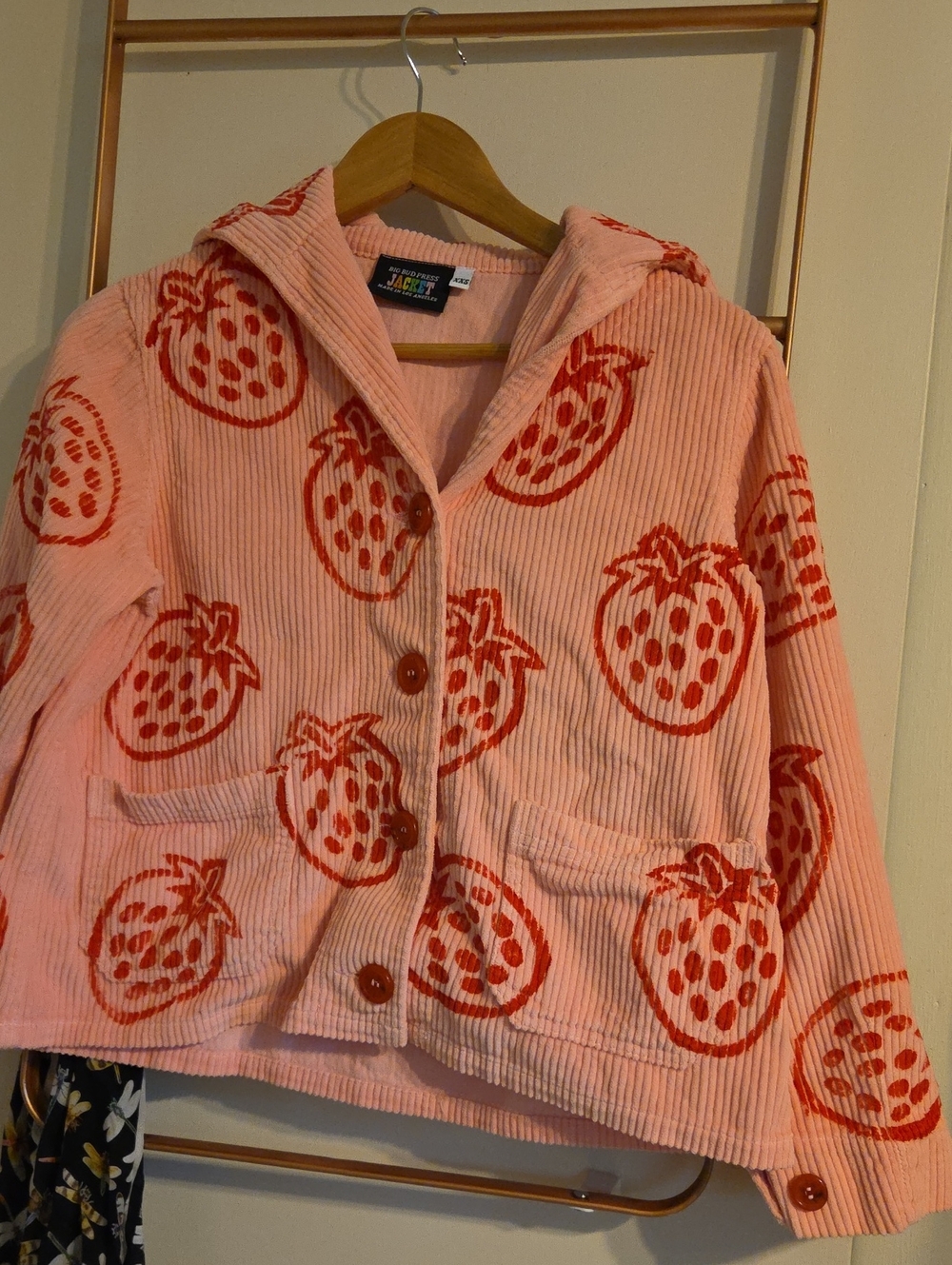Big Bud Press Pink Corduroy Sailor Jacket with Hand Stamped Red Strawberry Print - Picture 1 of 6